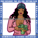 African American Beautiful Woman Holding Cash Money Melanin Girl Curly Hair Black Girl Wearing Cap Design Element Magic Ski Mask Gangster SVG JPG PNG Vector Clipart Cricut Cutting Files