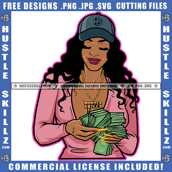 African American Beautiful Woman Holding Cash Money Melanin Girl Curly Hair Black Girl Wearing Cap Design Element Magic Ski Mask Gangster SVG JPG PNG Vector Clipart Cricut Cutting Files