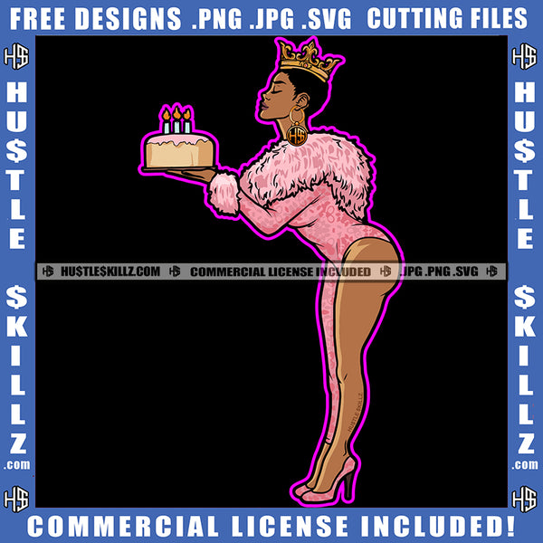 African American Birthday Queen Melanin Woman Girl Cake Female Party Crown On Head Afro Hair Happy Celebration Logo Hustle Skillz SVG PNG JPG Vector Cut Files