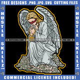 Praying Winged Angel Woman Sitting Design Element Angle Blind Eye Lot Of Money Bundle And Gun Of Floor SVG JPG PNG Vector Clipart Cricut Cutting Files