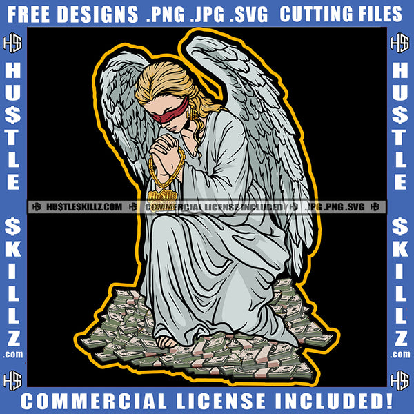 Praying Winged Angel Woman Sitting Design Element Angle Blind Eye Lot Of Money Bundle And Gun Of Floor SVG JPG PNG Vector Clipart Cricut Cutting Files