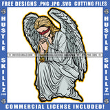 Praying Winged Angel Woman Sitting Design Element Lot Of Money Bundle And Gun Of Floor Angle Blind Eye SVG JPG PNG Vector Clipart Cricut Cutting Files
