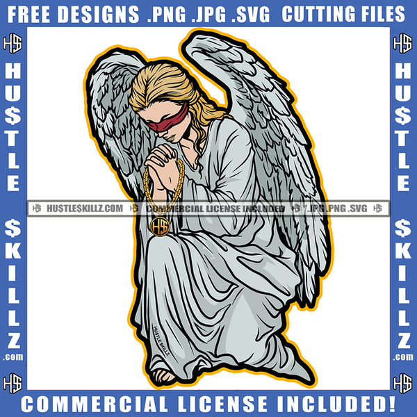Praying Winged Angel Woman Sitting Design Element Lot Of Money Bundle And Gun Of Floor Angle Blind Eye SVG JPG PNG Vector Clipart Cricut Cutting Files