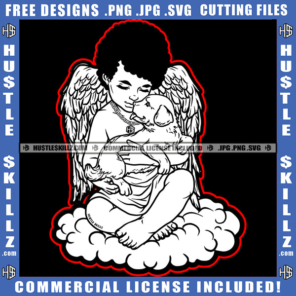 African American Child Angle Sitting Holding Dog Design Element Afro Hair Angle SVG JPG PNG Vector Clipart Cricut Cutting Files