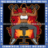 African American Fitness Woman Holding Dumbbell Melanin Woman Six Pack Sitting Gym Machine Fire Background Design Element SVG JPG PNG Vector Clipart Cricut Cutting Files