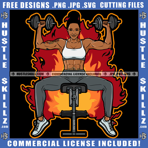 African American Fitness Woman Holding Dumbbell Melanin Woman Six Pack Sitting Gym Machine Fire Background Design Element SVG JPG PNG Vector Clipart Cricut Cutting Files