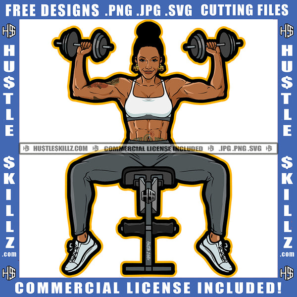African American Fitness Woman Holding Dumbbell Melanin Woman Six Pack Sitting Gym Machine Design Element SVG JPG PNG Vector Clipart Cricut Cutting Files