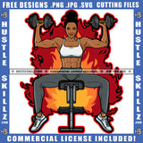 African American Fitness Woman Holding Dumbbell Melanin Woman Six Pack Wearing Bikini Sitting Gym Machine Fire Background Design Element SVG JPG PNG Vector Clipart Cricut Cutting Files