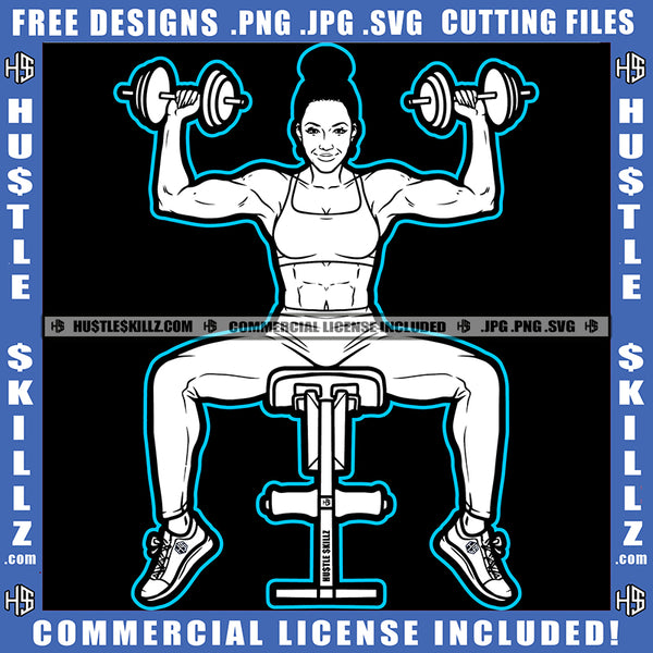 African American Fitness Woman Holding Dumbbell Melanin Woman Six Pack Sitting Gym Machine White Background Design Element SVG JPG PNG Vector Clipart Cricut Cutting Files
