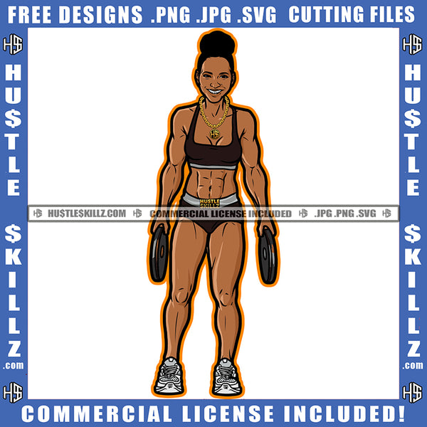 African American Fitness Woman Holding Weight Smile Face Vector Design Element Melanin Six Pack Woman Wearing Bikini SVG JPG PNG Vector Clipart Cricut Cutting Files