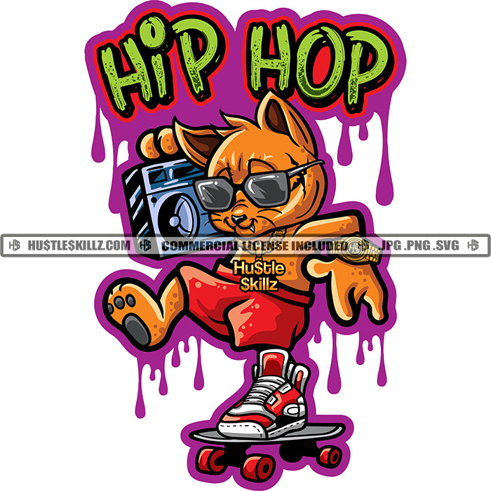 Hip Hop Gangster Cat Skateboard Boombox Music Red Sneakers