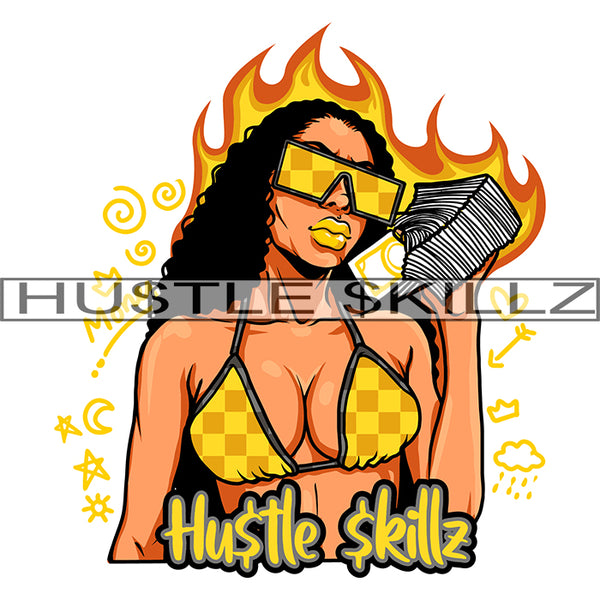 African American Sexy Woman Holding Money Bundle Melanin Girl Wearing Sunglass And Bikini Curly Hair Black Girl Magic Ski Mask Gangster SVG JPG PNG Vector Clipart Cricut Cutting Files