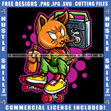 Gangster Scarface Cat On Skate Boat Design Element Smoking Marijuana Weed Holding Radio Hustler Hustling SVG JPG PNG Vector Clipart Cricut Cutting Files