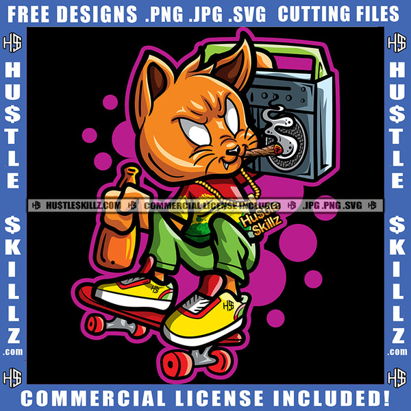 Gangster Scarface Cat On Skate Boat Design Element Smoking Marijuana Weed Holding Radio Hustler Hustling SVG JPG PNG Vector Clipart Cricut Cutting Files