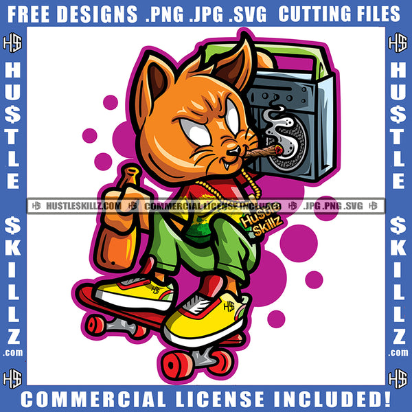 Gangster Scarface Cat On Skate Boat Design Element Smoking Marijuana Weed Holding Radio Hustler Hustling SVG JPG PNG Vector Clipart Cricut Cutting Files