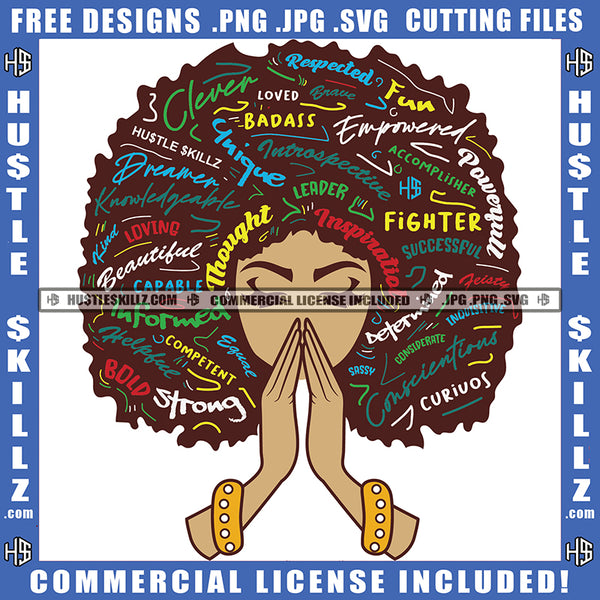 African American Curly Hair Woman Quote Design Element Melanin Woman Pray Hand Hustler Hustling SVG JPG PNG Vector Clipart Cricut Cutting Files