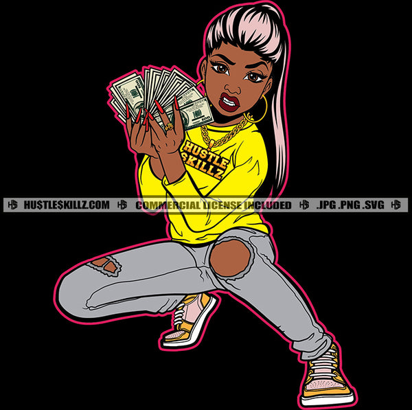 African Afro Dope Diva Gangster Lola Money Spread Showing Off Hustler Grind Woman Sitting Vector Design Element SVG PNG JPG Vector Cut Cutting Cricut