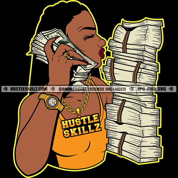 African Gangster Girl Holding Cash Money Bundle Afro Hair Design Element Nubian Woman Side Face SVG JPG PNG Vector Clipart Cricut Cutting Files