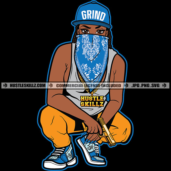 African American Gangster Man Sitting On Floor Holding Gun Design Element Melanin Woman Wearing Cap And Musk SVG JPG PNG Vector Clipart Cricut Cutting Files