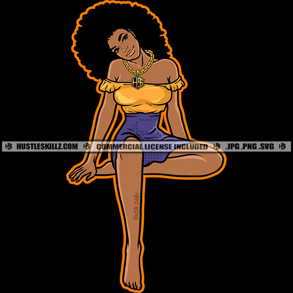 African American Beautiful Woman Sitting Puffy Afro Hair Design Element Smile Face Vector Design Element SVG JPG PNG Vector Clipart Cricut Cutting Files