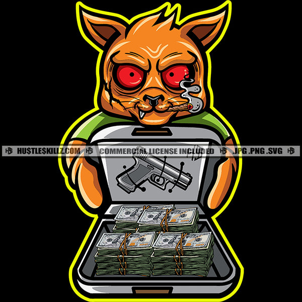 Gangster Scarface Cat Smoking Weed And Marijuana Holding Briefcase Vector Lot Of Money And Gun On Briefcase Design Element Cat Red Eye SVG JPG PNG Vector Clipart Cricut Cutting Files