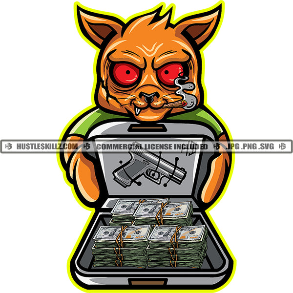 Gangster Scarface Cat Smoking Weed And Marijuana Holding Briefcase Vector Lot Of Money And Gun On Briefcase Design Element Cat Red Eye SVG JPG PNG Vector Clipart Cricut Cutting Files