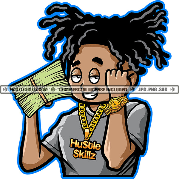 Gangster Character Holding Money Bundle Wearing Golden Chain And Watch Vector Smile Face Locus Hair Style Design Element SVG JPG PNG Vector Clipart Cricut Cutting Files
