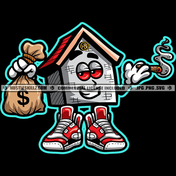 Trap House Money Bags Ghetto Trap Plug Street Swag Gangster Cartoon Character Smoking Weed And Holding Money Bag Design Element SVG JPG PNG Vector Clipart Cricut Cutting Files