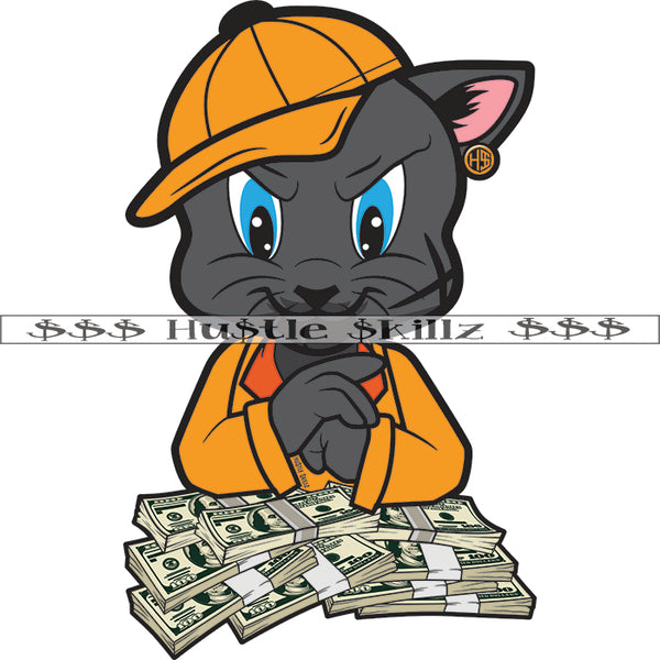 Gangster Scarface Cat Wearing Baseball Cap Vector Lot Of Money Bundle On Table Design Element White Background Cat Smile Face SVG JPG PNG Vector Clipart Cricut Cutting Files