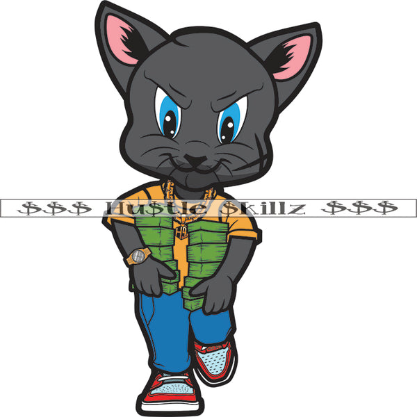Gangster Scarface Cat Carrying Money Bundle Cute Smile Face Cat White Background Design Element SVG JPG PNG Vector Clipart Cricut Cutting Files