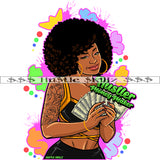 Hustler Money Maker African American Woman Curly Hair Melanin Nubian Girl Holding Money Bundle Design Element Black Girl Magic Ski Mask Gangster SVG JPG PNG Vector Clipart Cricut Cutting Files