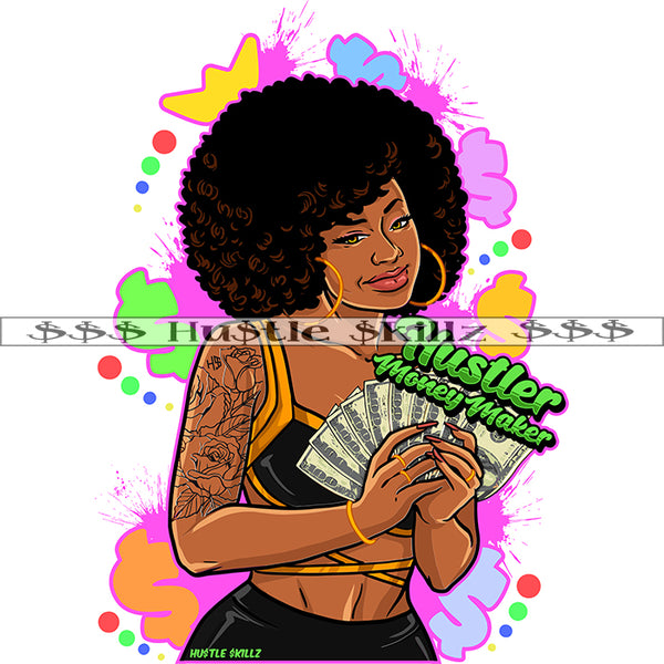 Hustler Money Maker African American Woman Curly Hair Melanin Nubian Girl Holding Money Bundle Design Element Black Girl Magic Ski Mask Gangster SVG JPG PNG Vector Clipart Cricut Cutting Files