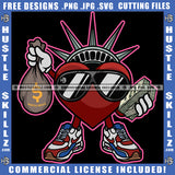Statue Of Liberty Heart Wearing Sunglass Design Element Red Heart Holding Money Bag And Bundle Money Hustler Hustling SVG JPG PNG Vector Clipart Cricut Cutting Files