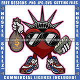 Statue Of Liberty Heart Wearing Sunglass Design Element Red Heart Holding Money Bag And Bundle Money Hustler Hustling SVG JPG PNG Vector Clipart Cricut Cutting Files