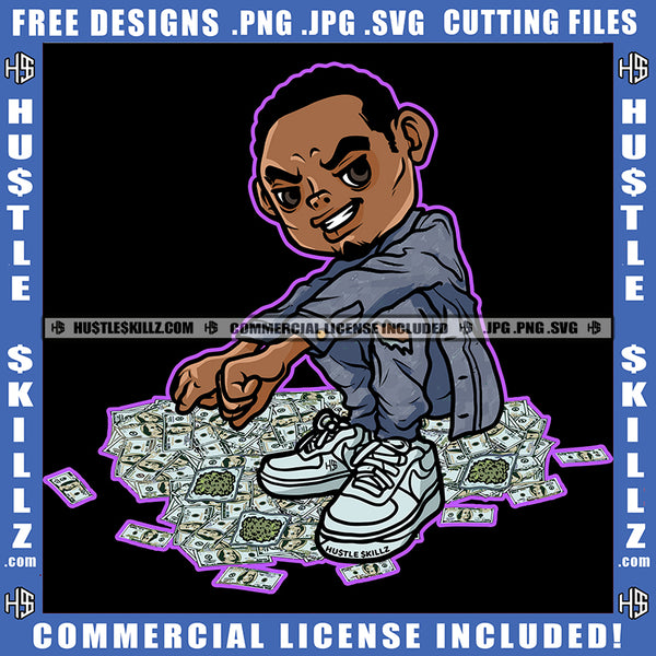 African American Gangster Man Sitting On Floor Smile Face Design Element Melanin Man Money On Floor Hustler Hustling SVG JPG PNG Vector Clipart Cricut Cutting Files