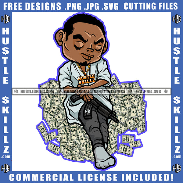 African American Gangster Man Sitting On Money Design Element Melanin Man Holding Gun Hustler Hustling SVG JPG PNG Vector Clipart Cricut Cutting Files