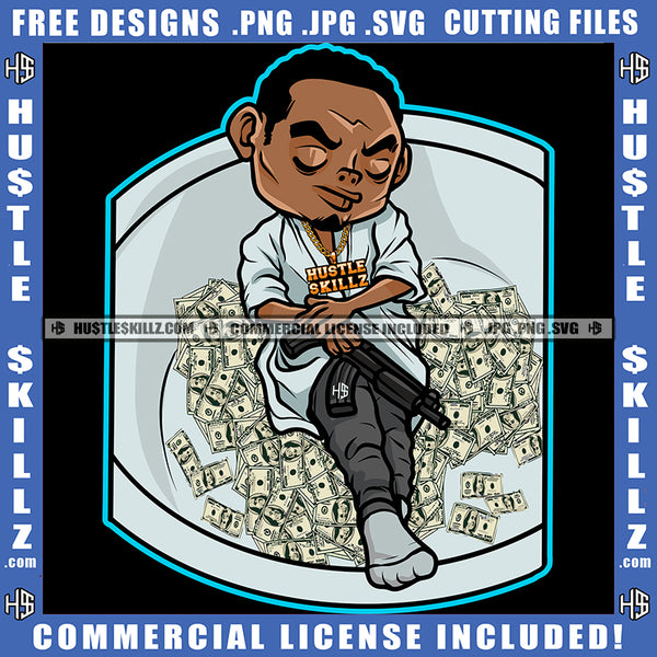 African American Gangster Man Sleep On Bath Top Money On Floor Design Element Melanin Man Holding Gun Hustler Hustling SVG JPG PNG Vector Clipart Cricut Cutting Files