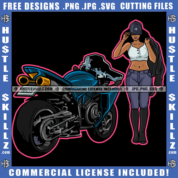 African American Gangster Lady Biker Standing On Bike Design Element Sexy Melanin Woman Hustler Hustling SVG JPG PNG Vector Clipart Cricut Cutting Files