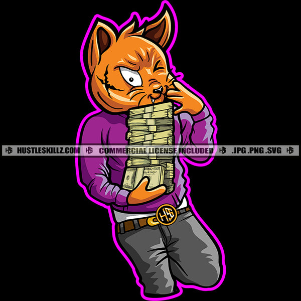 Gangster Scarface Cat Holding Money Bundle Vector Cat Standing Smile Face Design Element Cat Cash Money To Carry Design SVG JPG PNG Vector Clipart Cricut Cutting Files