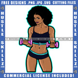 African American Fitness Woman Standing Design Element Melanin Woman Holding Dumbbell Bodybuilder Woman Wearing Gym Dress Curly Hair  Hustler Hustling SVG JPG PNG Vector Clipart Cricut Cutting Files