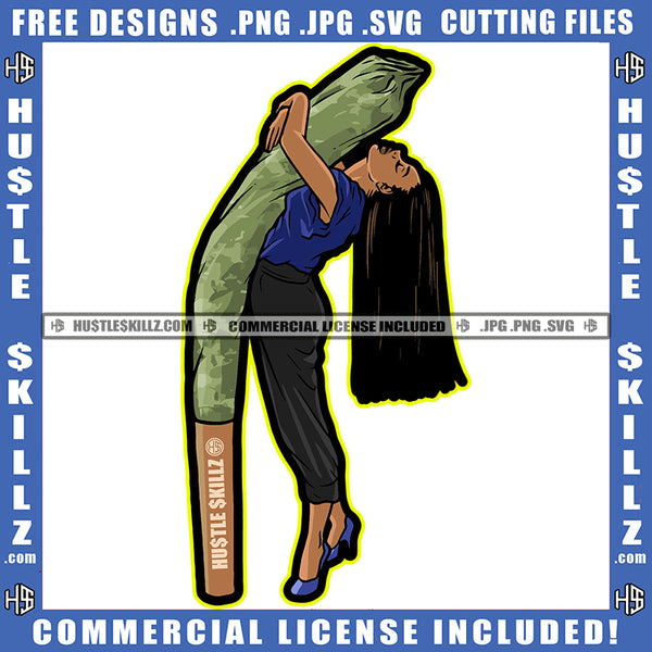Long Hair African American Women Hugging Weed Roll Vector Portrait Melanin Women Marijuana Cannabis High Life Blunt Smoking Silhouette SVG JPG PNG Vector Clipart Cricut Cutting Files