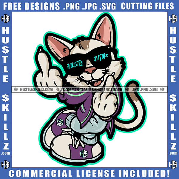 African American Bad Ass Cat Wearing Sunglass Design Element Gangster Cat Showing Middle Finger Hand Sign Hustler Hustling SVG JPG PNG Vector Clipart Cricut Cutting Files