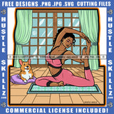 African American Fitness Woman Yoga Position On Gym Mat Design Element Melanin Bodybuilder Woman Curly Hair Dog Sitting On Side Hustler Hustling SVG JPG PNG Vector Clipart Cricut Cutting Files