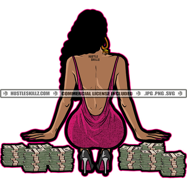 Black Queen Purple Mauve Dress Open Back Sitting On Money Bundle Gray Heels Stacks of Cash Curly Long Hair White Background Design Element SVG JPG PNG Vector Clipart Cricut Cutting Files