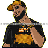 African American Black Man Wearing Beard Black and Gold Baseball Cap Black Gold T-Shirt Cartoon Character Design Element White Background SVG JPG PNG Vector Clipart Cricut Cutting Files