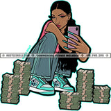African American Woman Holding Phone Melanin Nubian Girl Bundle Money On Floor Curly Hair Design Element Black Girl Magic Ski Mask Gangster SVG JPG PNG Vector Clipart Cricut Cutting Files