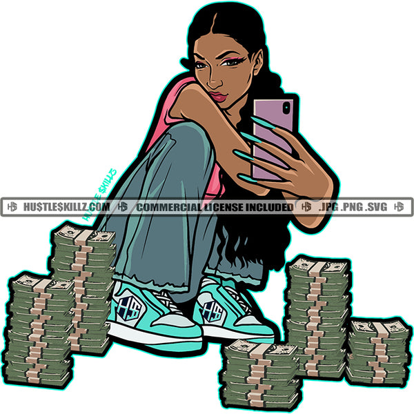 African American Woman Holding Phone Melanin Nubian Girl Bundle Money On Floor Curly Hair Design Element Black Girl Magic Ski Mask Gangster SVG JPG PNG Vector Clipart Cricut Cutting Files