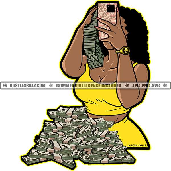 African American Sexy Rich Girls Holding Phone Melanin Nubian Girl Holding Money Bundle Magic Ski Bundle Money On Floor Design Element Gangster SVG JPG PNG Vector Clipart Cricut Cutting Files