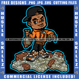 African American Man Standing On Money Bundle Melanin Nubian Man Holding Money Bag Wearing Cap Design Element Magic Ski Mask Gangster SVG JPG PNG Vector Clipart Cricut Cutting Files