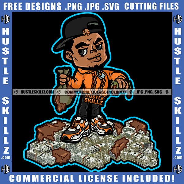 African American Man Standing On Money Bundle Melanin Nubian Man Holding Money Bag Wearing Cap Design Element Magic Ski Mask Gangster SVG JPG PNG Vector Clipart Cricut Cutting Files